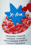 X-tra Purustatud Tomatid: pakendi küljendus soome, rootsi, norra ja taani keeles, korrektuur